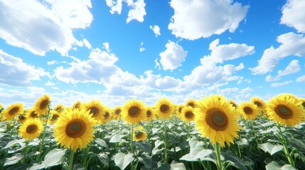Sunflower field with cloudy blue sk