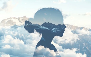 Double exposure portrait of a woman with mountain range inside her head, symbolizing inner strength and ambition.