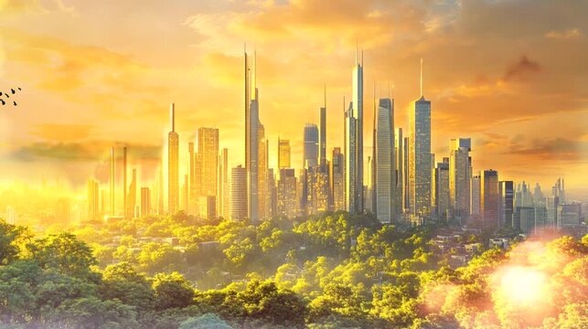 Futuristic urban cityscape in a utopian setting during sunset, seamless looping animation