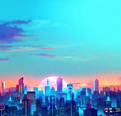 Fototapeta premium Futuristic Smart Cyber City illustration: Innovative Urban Landscape, futuristic technology and cyber punk concept, Graphic Resources, Wallpapers, Brochure, Websites, banner, Advertising, background