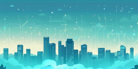 Fototapeta premium Futuristic Smart Cyber City illustration: Innovative Urban Landscape, futuristic technology and cyber punk concept, Graphic Resources, Wallpapers, Brochure, Websites, banner, Advertising, background