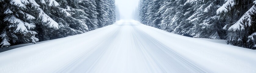 A serene winter landscape showing a snowy road winding through tall evergreen trees, perfect for capturing the essence of tranquility.