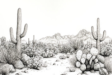 Sketch of the desert of America with cacti. Prairie landscape. Hand drawn vector illustration