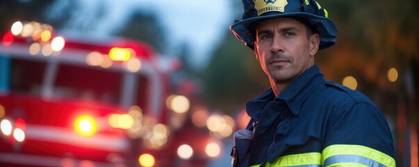 Brave firefighter in uniform, standing with fire trucks in the background during an emergency response.