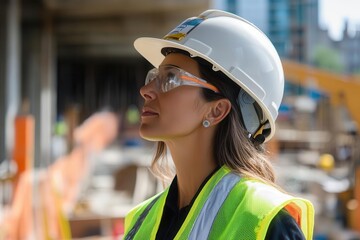 Female construction worker wearing safety gear and helmet, observing a construction site with focus.