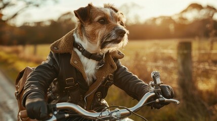 A dog wearing a leather jacket and gloves rides a motorcycle down a country road.