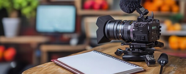 Professional video camera with microphone and empty notepad on desk, ready for video production in a cozy studio setting with blurred background.