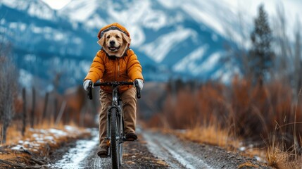A dog wearing a yellow jacket rides a bicycle on a muddy road in a snowy mountain landscape.