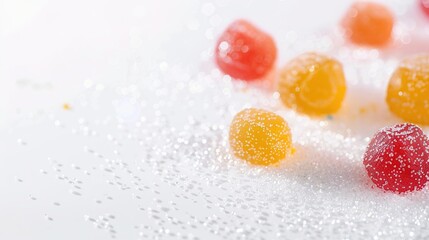 Small Marmalades Sprinkled with Sugar on White Background: Delicate Colorful Treats Floating in Space