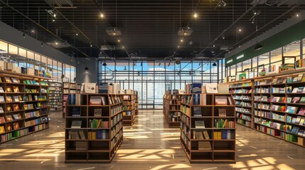 Modern Bookstore Interior with Large Window and Sunlight.
