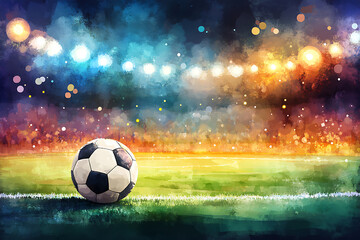 Fototapeta premium Football arena field with bright stadium lights vector design. Football stadium soccer with football, stadium lights at night 3d render with dark sky