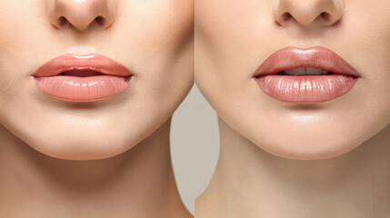 Before and after lip augmentation, showing the change from thin lips to plump lips after filler or botulinum toxin injections.