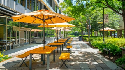 Patio tables and chairs outside a modern office building.