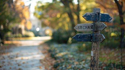 Wooden signpost with blurry background.
