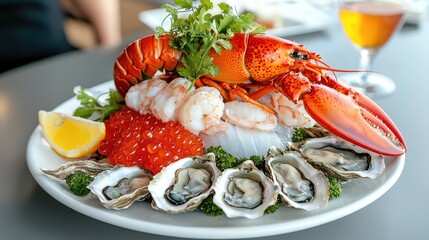 Indulgent Seafood Tower Displaying Lobster and Oysters in Fine Dining Setting with Copy Space - High-Angle Close-Up Shot, Generative Ai