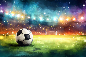 Football arena field with bright stadium lights vector design. Football stadium soccer with football, stadium lights at night 3d render with dark sky