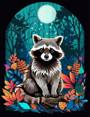 Raccoon in the forest with leaves and berries on the black background 