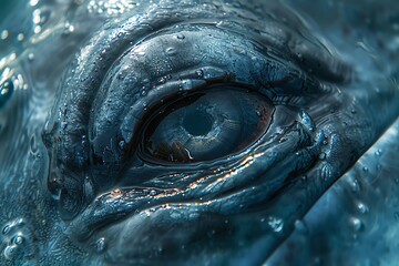 Close-up of a whale's eye submerged in water, capturing the texture and details of the marine animal's skin and eye features.