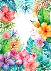 Naklejka premium Vibrant tropical flowers framing blank space for creative designs in bright colors