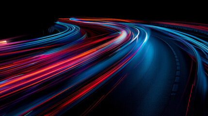 Blue and red lights create curves and waves against a black background, capturing the motion of an urban road. The effect is like a long exposure painting with light.