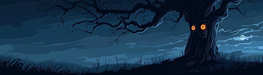 Spooky night scene with a haunted tree having glowing eyes, set against a dark, eerie forest and cloudy sky.