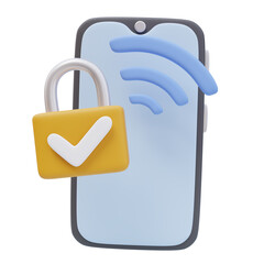 Fototapeta premium 3D Icon Smartphone Yellow Padlock Approve Wifi Sign. Secured Devices Concept. 3D Render Illustration