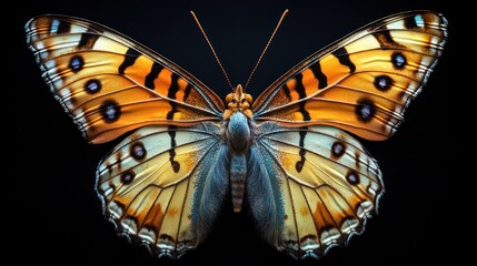 symmetrical, realistic photo of an exotic butterfly, full body, spread out taxidermy body