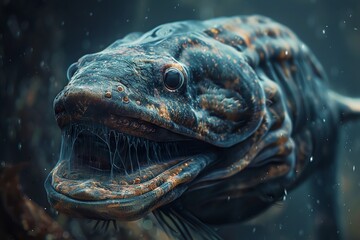 Fototapeta premium Close-up view of an eerie-looking deep-sea fish with detailed textures swimming in dark underwater surroundings.