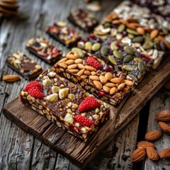 Fototapeta premium Muesli bars with nuts and berries in close-up on a wooden board. The concept of a healthy snack. The setting is rustic. A delicious and nutritious treat.