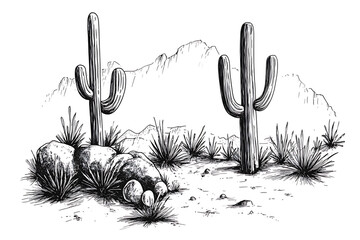 Sketch of the desert of America with cacti. Prairie landscape. Hand drawn vector illustration