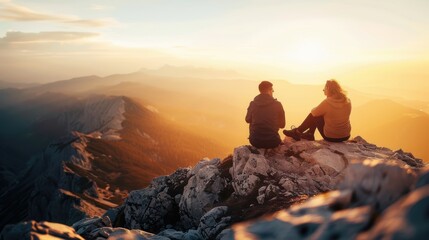 Two hikers are sitting on a mountain peak enjoying the sunset over a vast mountain range