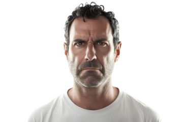 Man with furrowed brows and a tense expression, symbolizing stress, against a white background.