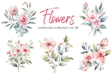 Set of watercolor flowers. Hand painted floral elements. Vector illustration.