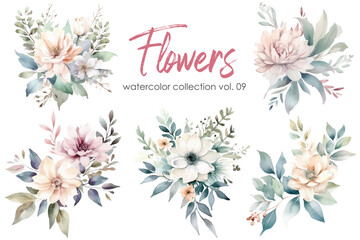 Obraz premium Watercolor flowers set. Hand painted floral elements isolated on white background.