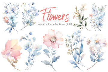 Watercolor set of flowers, leaves and branches. Hand drawn illustration.