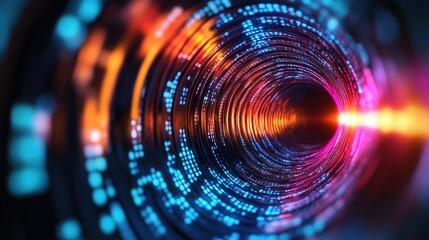 A vibrant digital tunnel illustrating technology and innovation with glowing lights and data flowing through it.