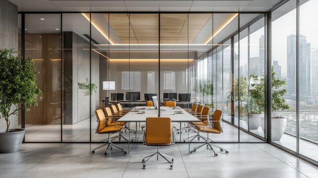 A business meeting taking place in a modern office, highlighting professionalism and collaboration.