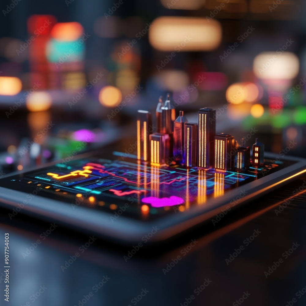 Poster a vivid digital cityscape displayed on a tablet with bright graphs and architecture, symbolizing inn