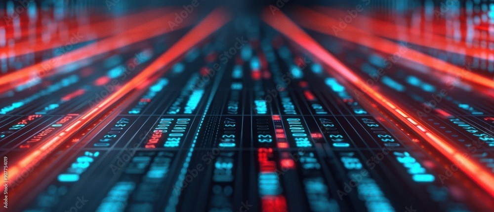 Poster abstract digital data streaming with red and blue lights, representing futuristic technology and big