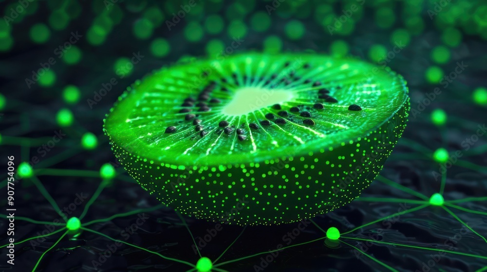 Poster close-up of a futuristic kiwi slice with glowing green lines and dots, representing technology and i