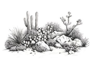 Sketch of the desert of America with cacti. Prairie landscape. Hand drawn vector illustration