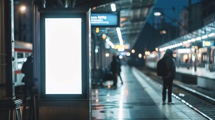 Blank billboard on the platform of a railway station in the evening.