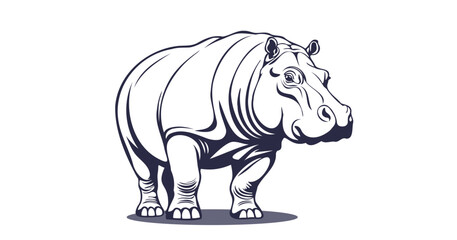 Vector graphic monochrome powerful hippopotamus. Wild african animal of lakes and swamps. Zoo. Hippo. White isolated background.
