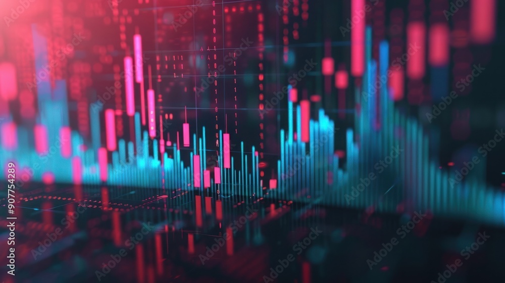 Poster digital stock market display with red and blue financial data charts and graphs representing trading