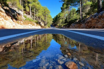 A beautiful road reflected in a puddle, surrounded by tall trees under a clear blue sky, perfect for nature and travel visuals.