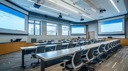 Empty Conference Room With Whiteboard and Projector.