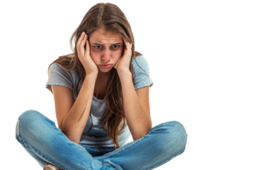 Young female sitting with her head in hands, face showing despair, isolated on a white background.
