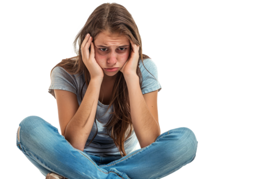 Young female sitting with her head in hands, face showing despair, isolated on a white background.