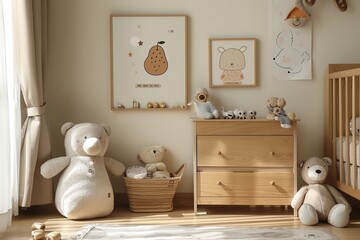 Charming nursery room with wooden frames and minimalistic posters featuring cute characters like pears and animals. The soft beige walls and light brown furniture create a warm and inviting atmosphere