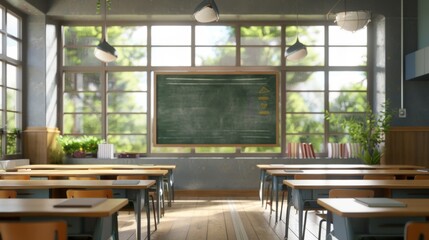 Obraz premium Empty Classroom With Chalkboard and Sunlight.